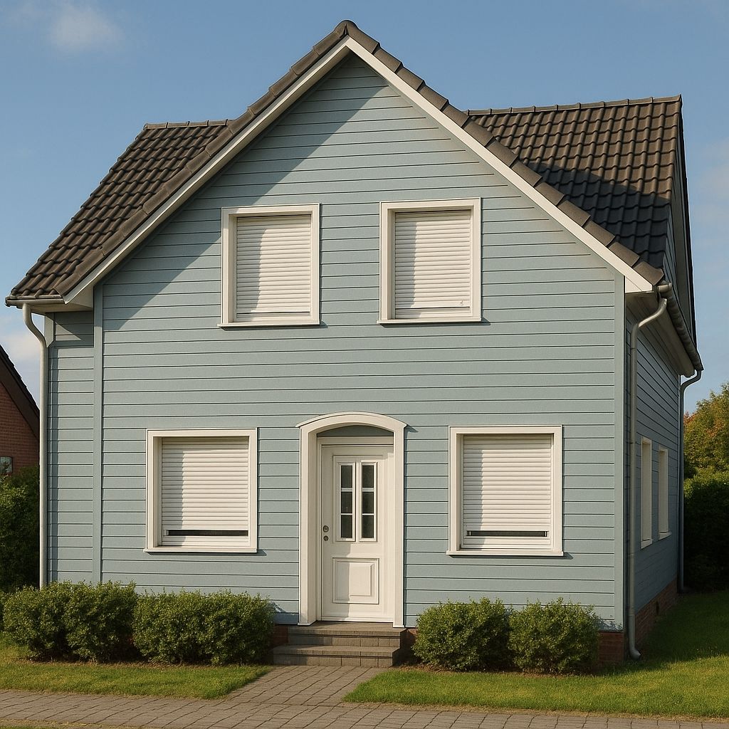 Haus mit weißen, runtergezogenen Rollläden