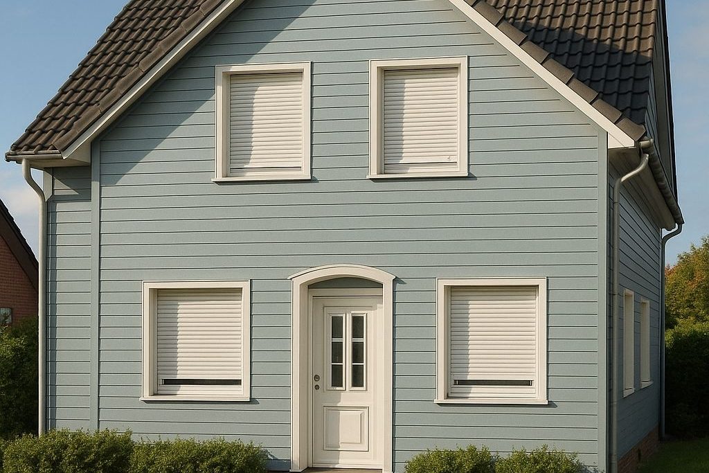 Haus mit weißen, runtergezogenen Rollläden